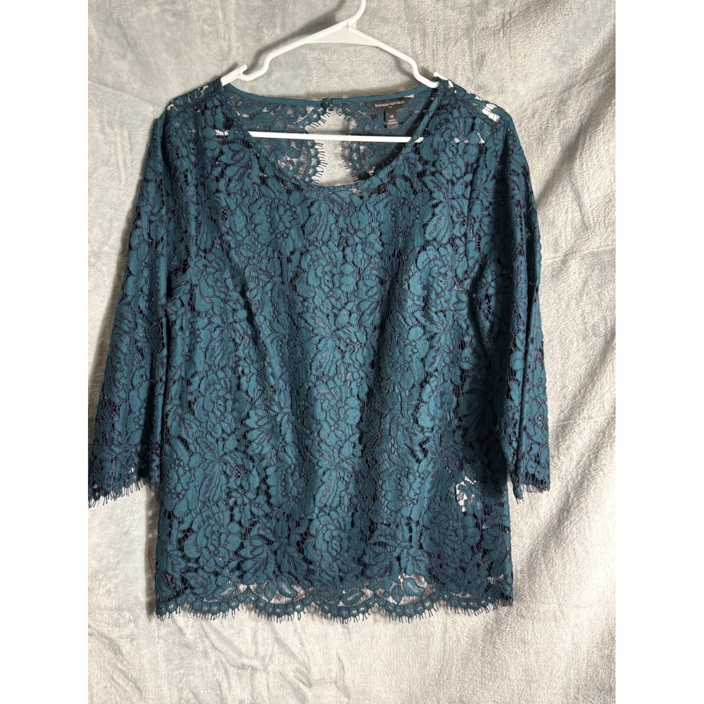 Banana Republic Women Teal Green Floral Lace Keyhole Back Blouse Top Size M